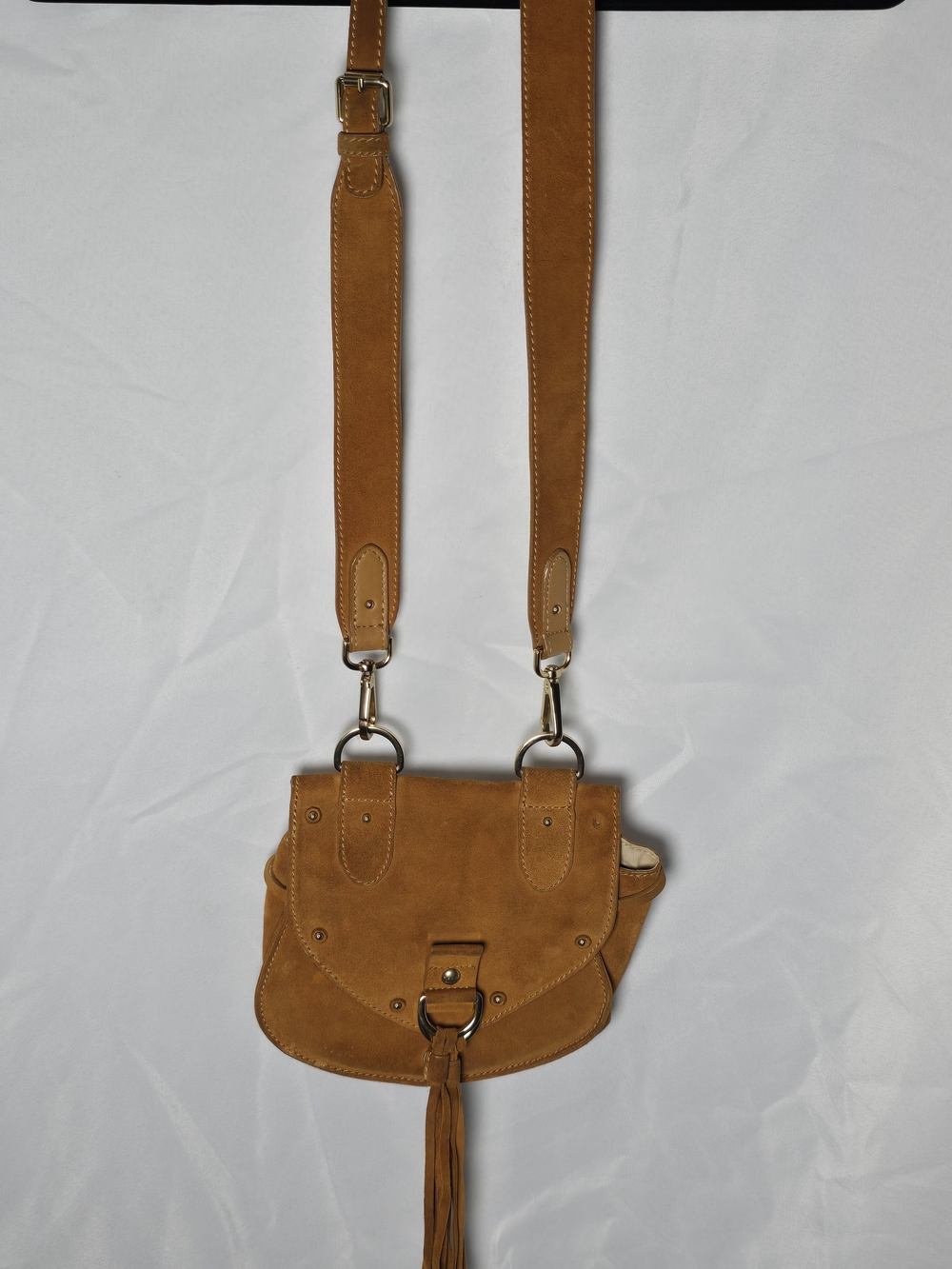 See By Chloe Tan Suede Crossbody Bag with Boho Tassel Fringe Silver Hardware